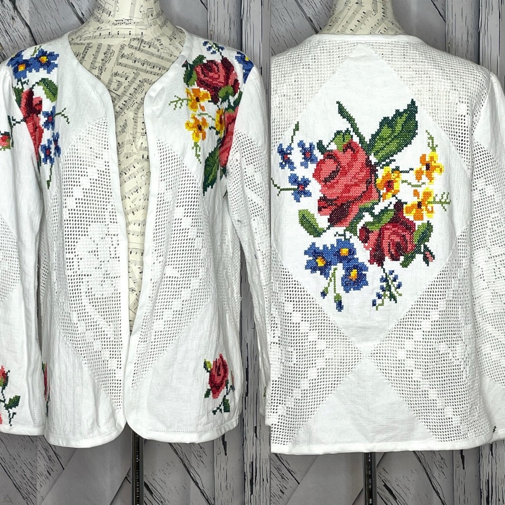 White Floral Embroidered Open Front Jacket